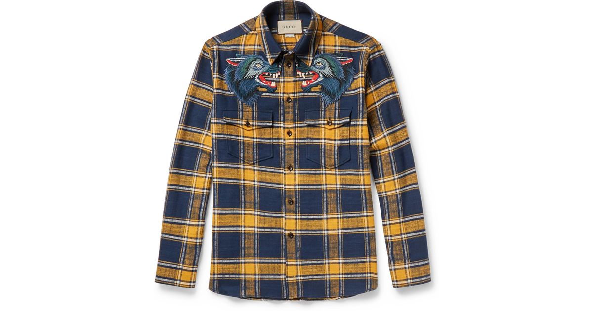 Gucci Cotton Plaid Shirt With Wolf 
