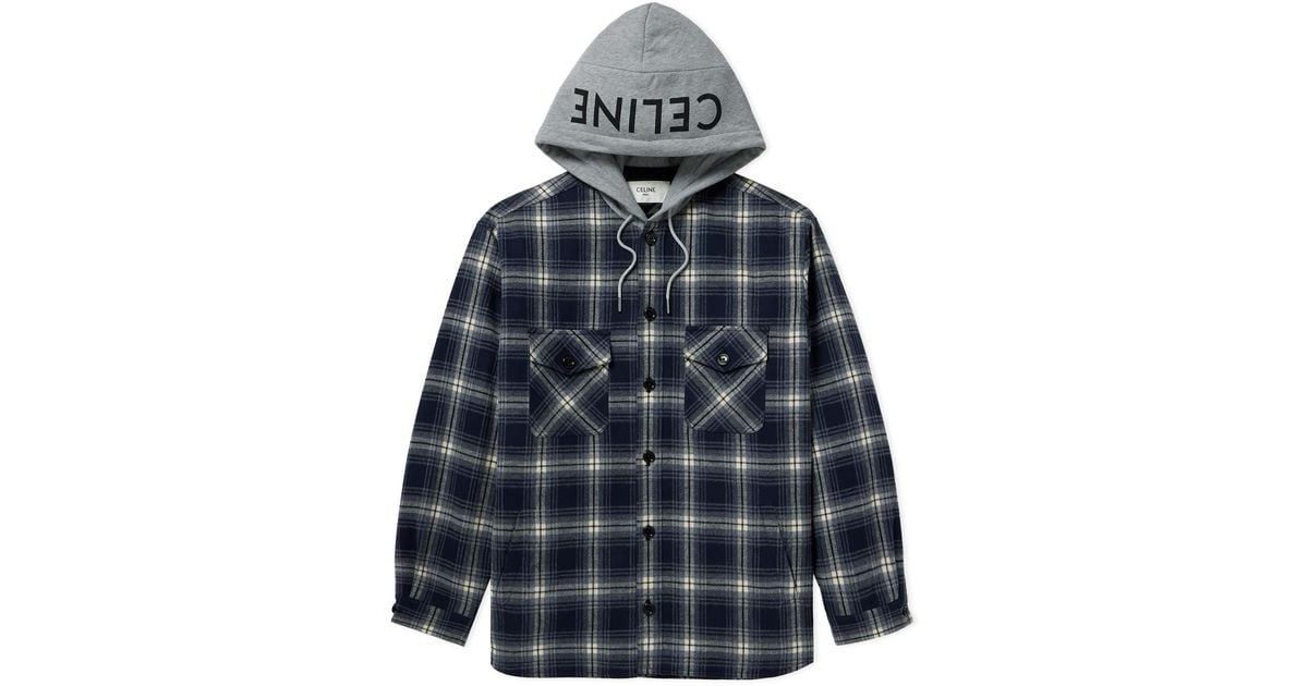 Celine Checked Wool And Logo-Print Cotton-Jersey Hooded Overshirt