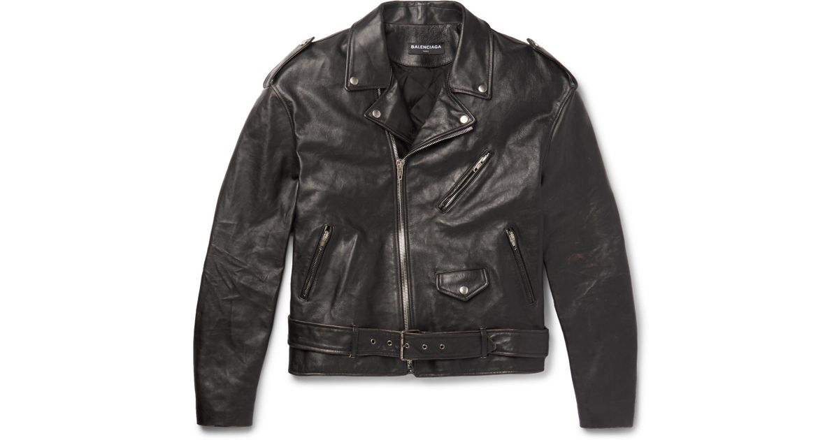 Balenciaga Black Oversized Printed Leather Biker Jacket For Men