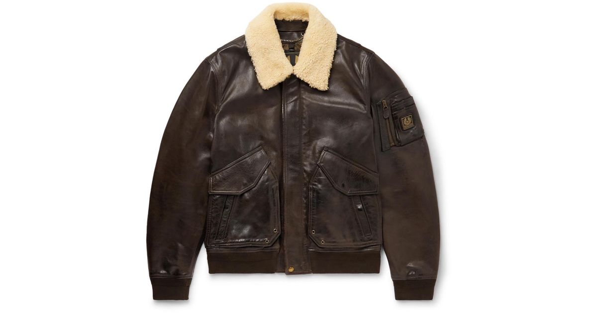 Belstaff Carrier Shearling-trimmed Full-grain Leather Bomber Jacket in  Brown for Men | Lyst