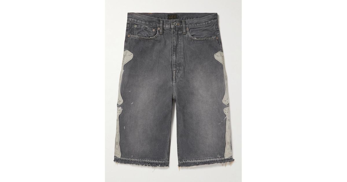 Kapital Wide-Leg Appliquéd Distressed Denim Shorts in Grey for Men 