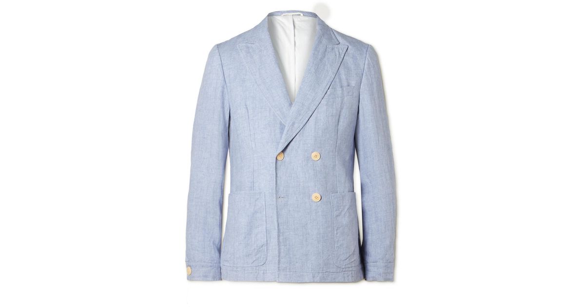 Oliver Spencer Double-breasted Linen Suit Jacket in Blue for Men | Lyst