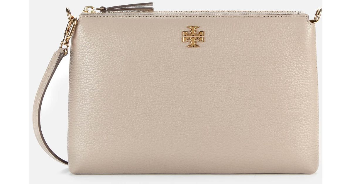Tory Burch Leather Kira Pebbled Top Zip Cross Body Bag in Grey (Gray
