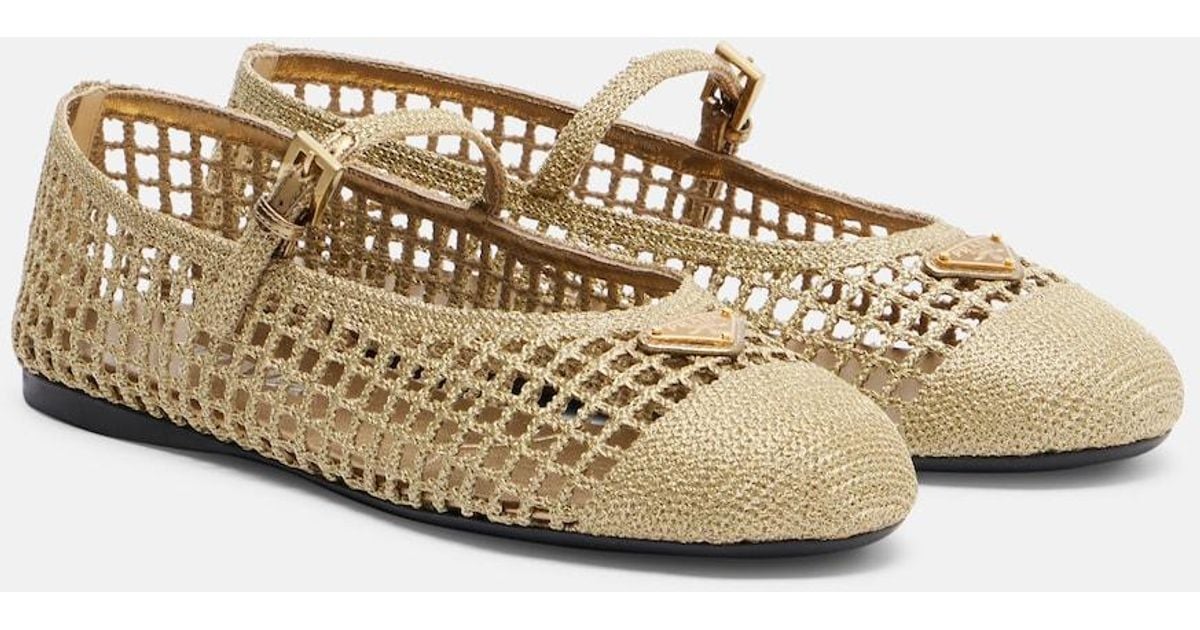 Prada Crochet Mary Jane Flats in Natural | Lyst UK