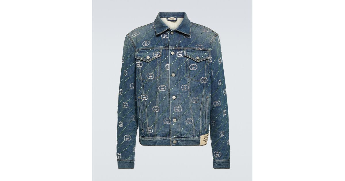 Gucci Men's Interlocking G Crystal-embellished Denim Jacket