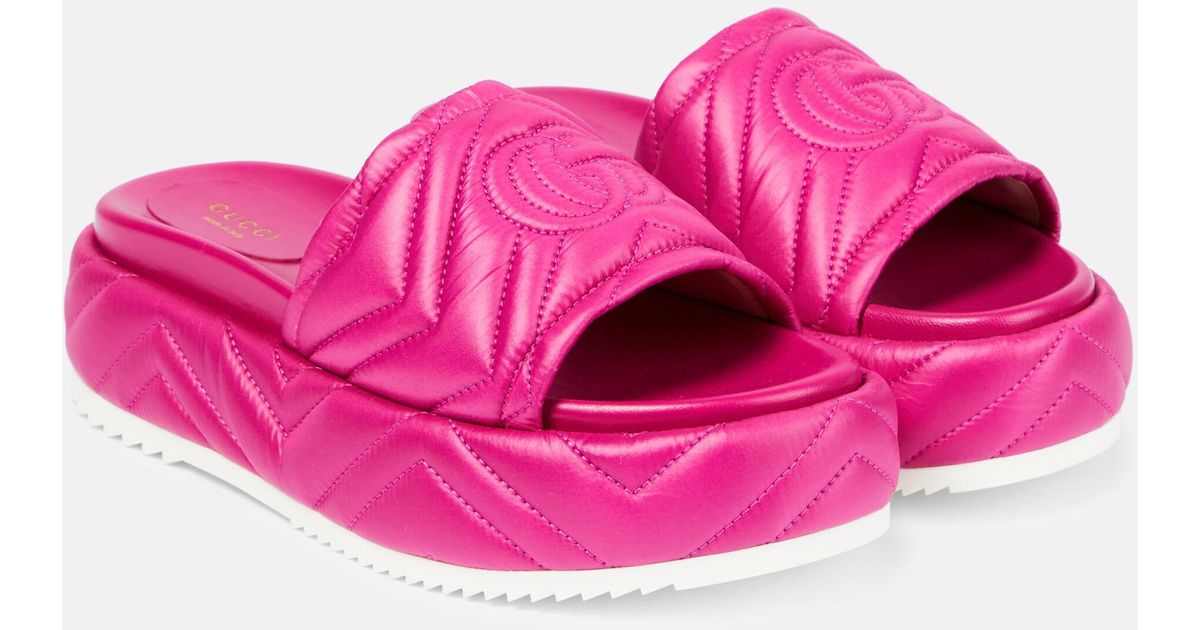 Gucci Angelina Quilted Satin Platform Slides in Pink Lyst