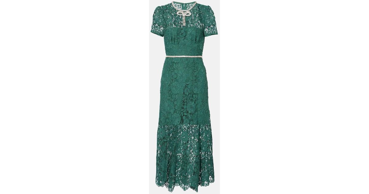 Self-Portrait Bow-Detail Embellished Lace Midi Dress in Green | Lyst