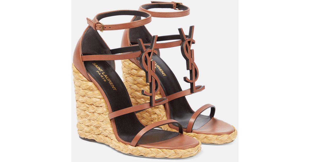 Saint Laurent Ysl Leather And Raffia Wedge Sandals in Metallic | Lyst