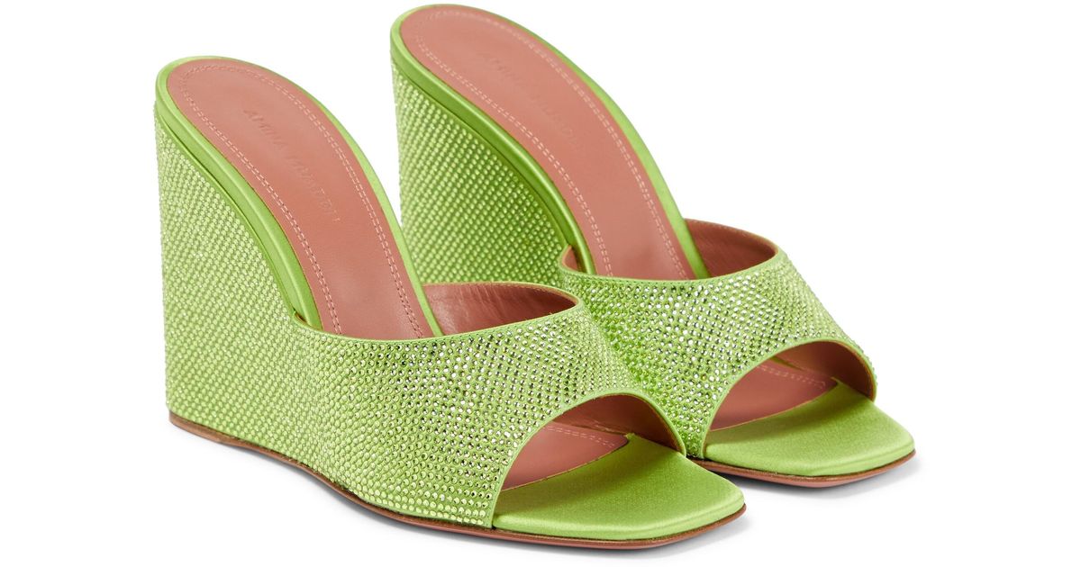 AMINA MUADDI Satin Lupita Embellished Wedge Sandals in Lime (Green) Lyst