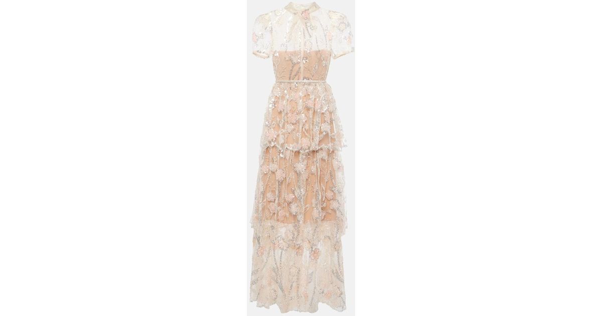 Self-Portrait Floral Sequined Mesh Maxi Dress in Natural | Lyst