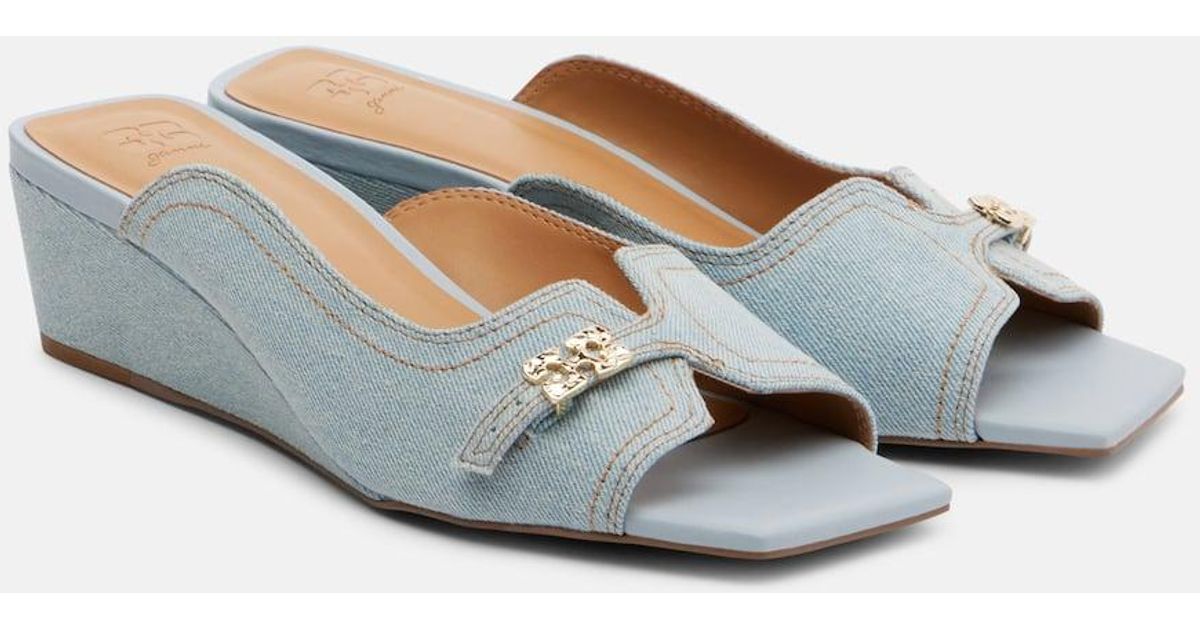 Ganni Butterfly Wedge Mules in Blue | Lyst