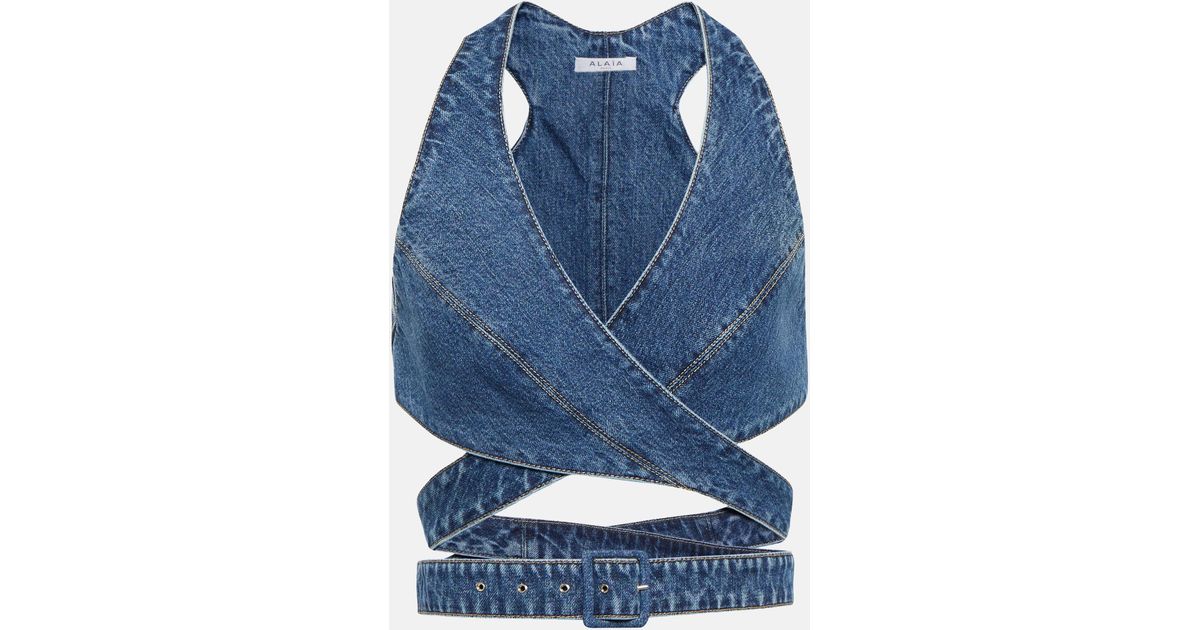 Alaïa Alaia Buckled Denim Crop Top in Blue