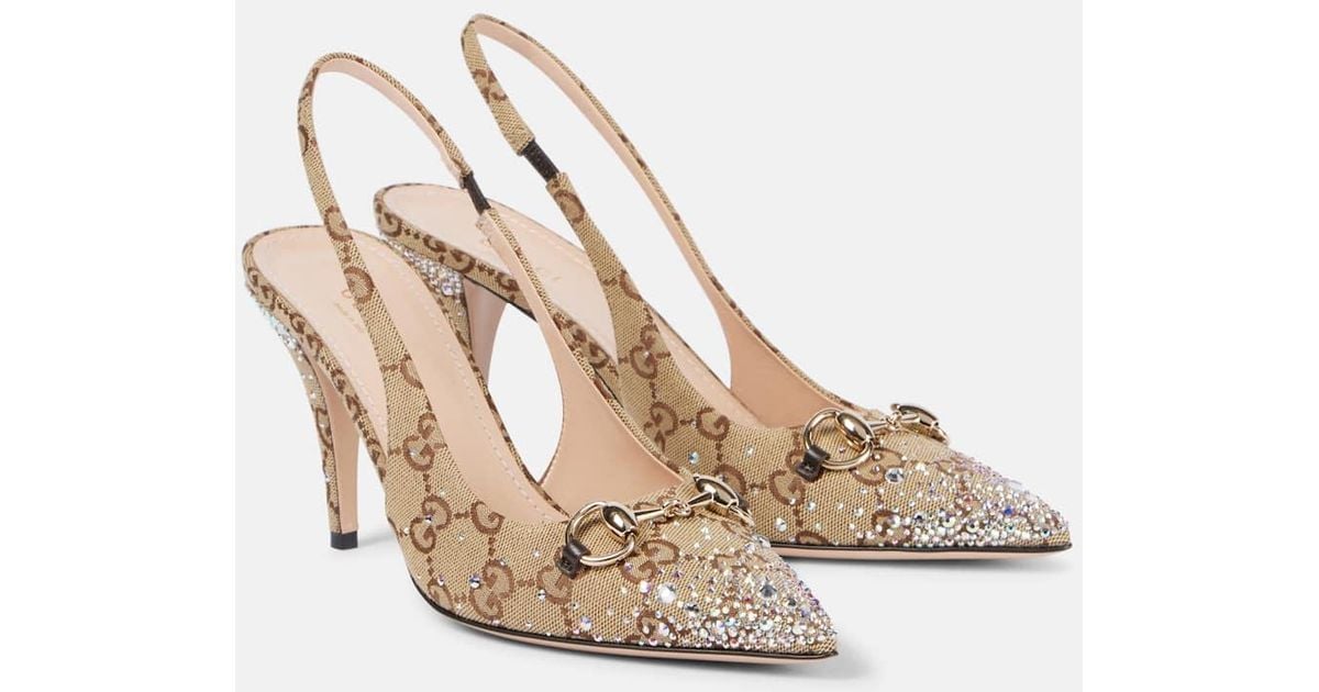Gucci Horsebit Gg Canvas Crystal-Embellished Pumps in Metallic | Lyst