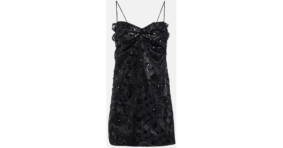 ganni black sequins lace mini dress Ruched sequin-embellished Chantilly lace mini dress - black