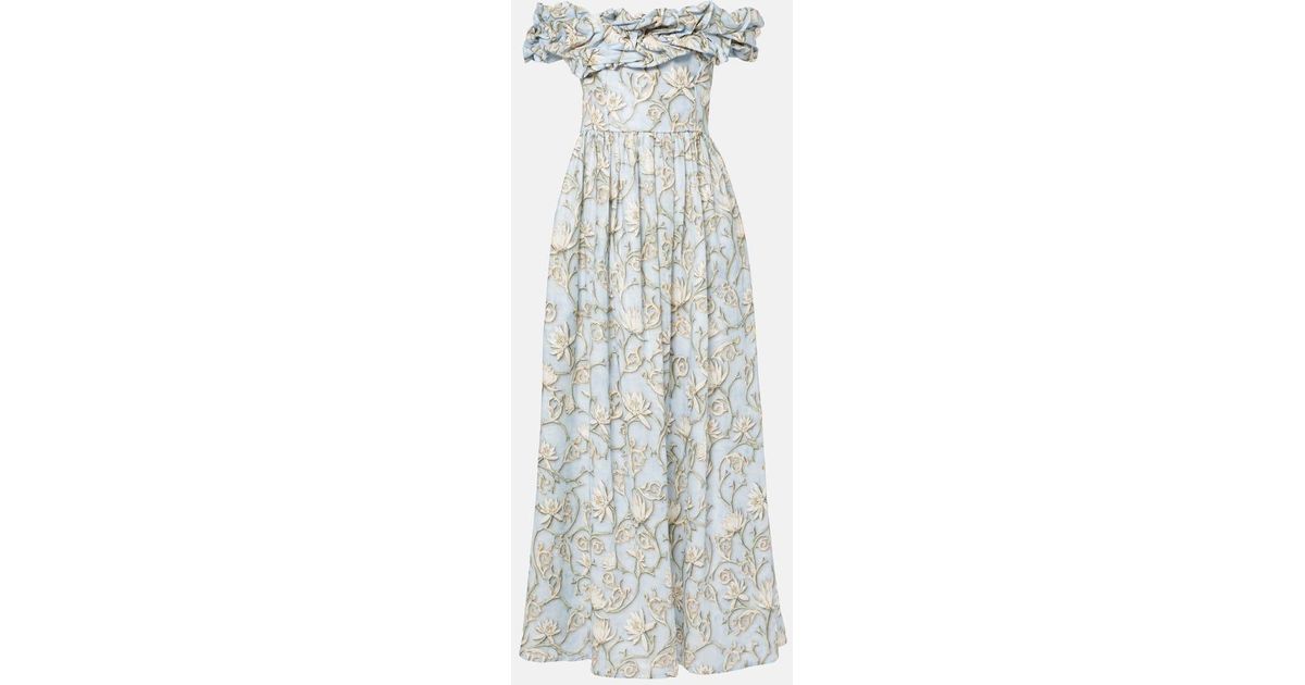 Agua Bendita Espliego Ruffled Floral Linen Maxi Dress in White | Lyst UK