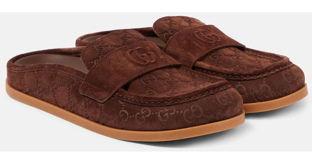 Gucci Double G Gg Suede Mules in Brown | Lyst