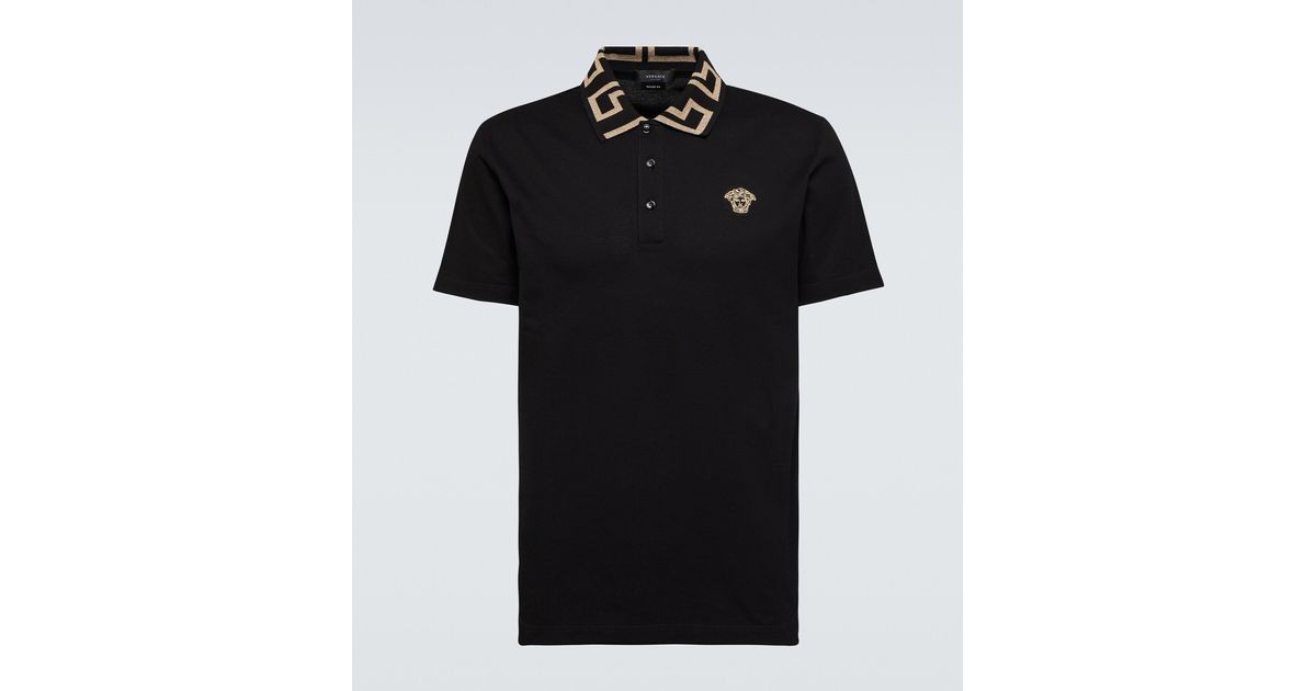 Versace Greca Cotton Pique Polo Shirt in Black for Men | Lyst