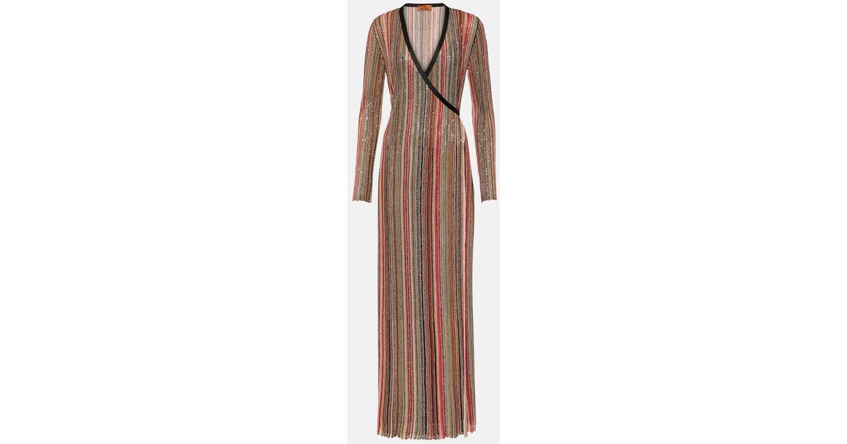 Missoni Metallic Striped Maxi Dress in Brown | Lyst