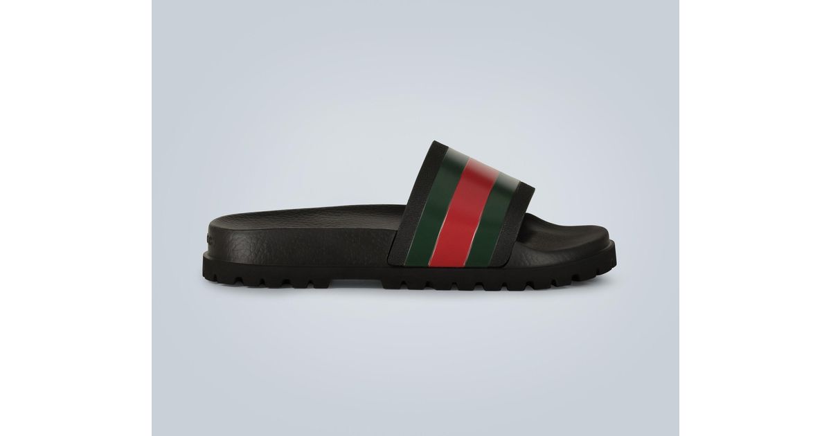 Gucci Rubber Striped Web Slide Sandals in Black for Men | Lyst