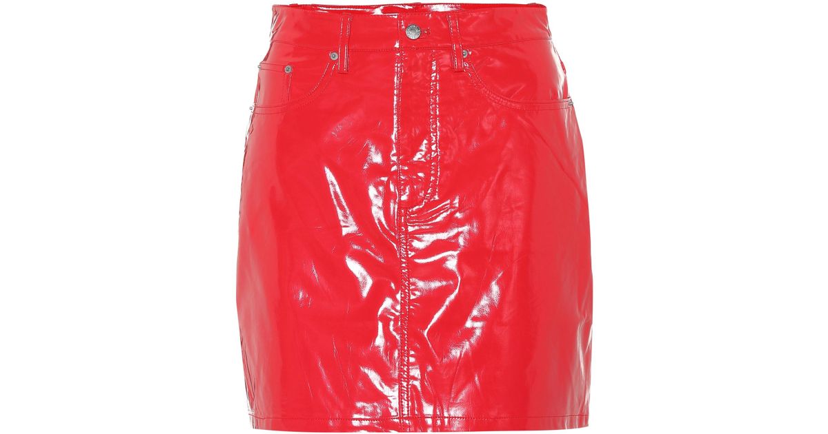 Calvin Klein Denim Faux Patent Leather Miniskirt in Red | Lyst