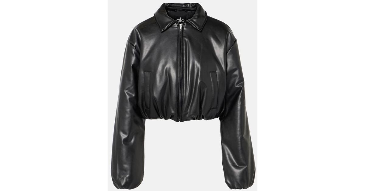 Alo Yoga Premier Faux Leather Bomber Jacket in Black | Lyst
