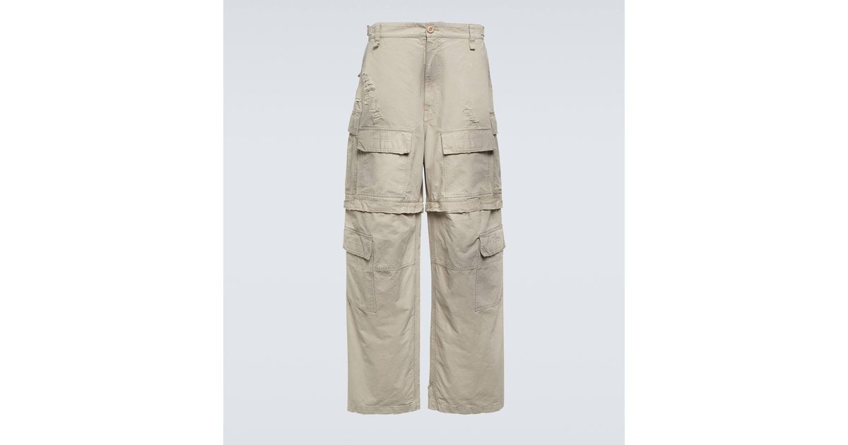 Balenciaga Convertible Distressed Cotton Cargo Pants in Natural