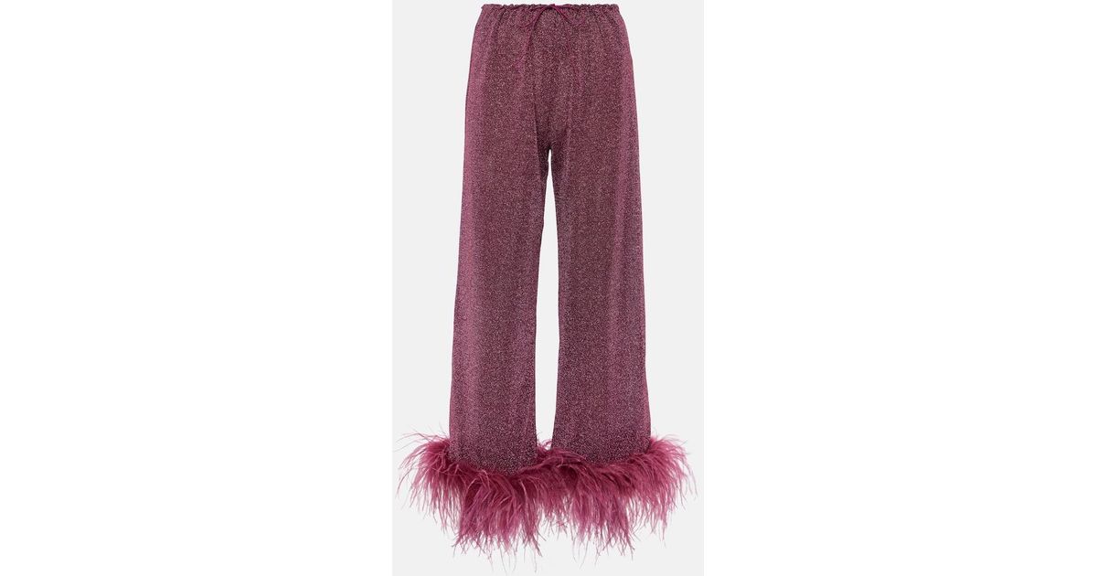 Oséree Lumiere Plumage Feather-Trimmed Lame Pants in Red | Lyst