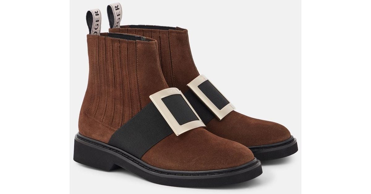 Roger Vivier Viv' Rangers Suede Chelsea Boots in Brown Lyst