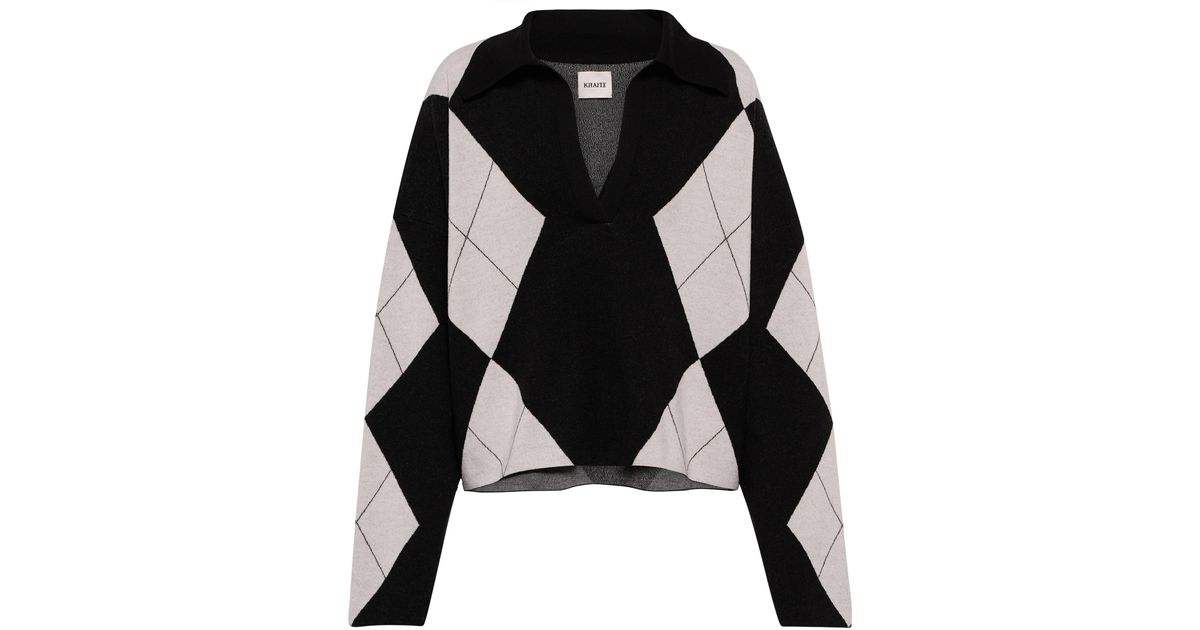 Khaite Noelle Argyle Wool Polo Sweater in Black - Lyst