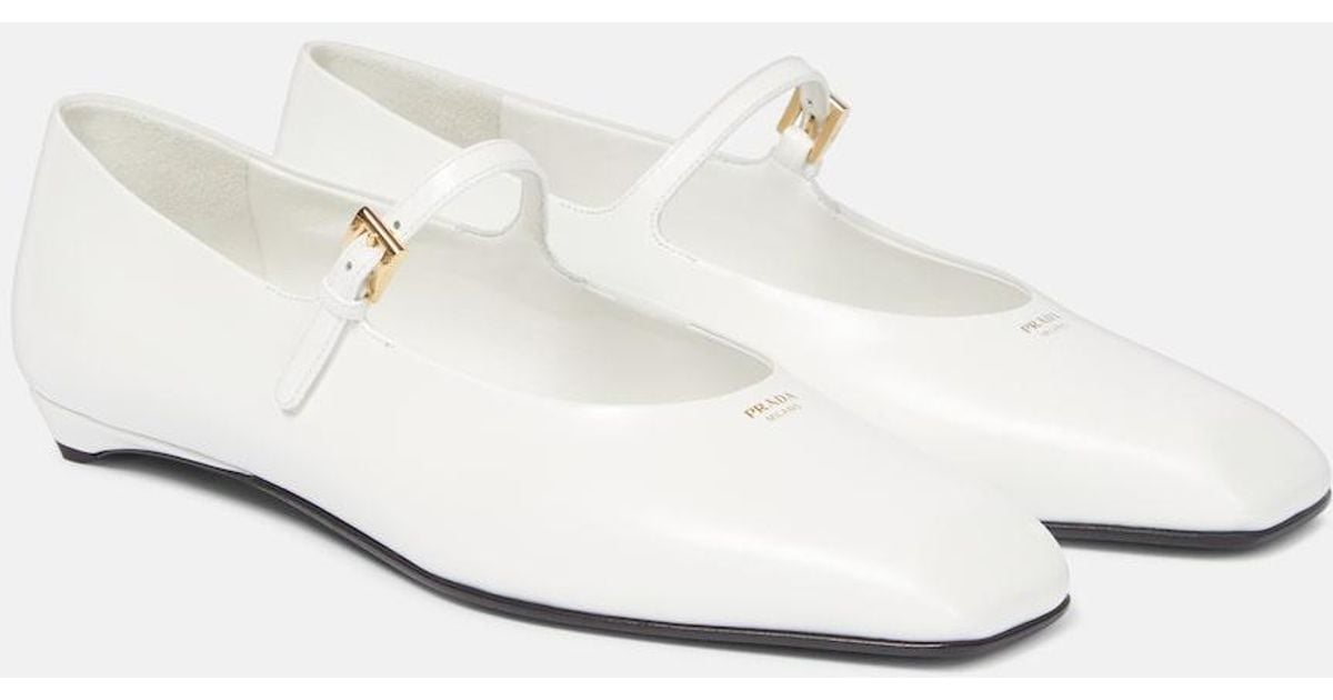 Prada Leather Mary Jane Flats in White | Lyst