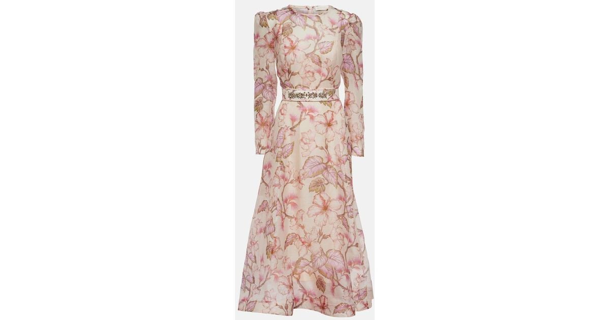 Zimmermann Matchmaker Floral Linen And Silk Midi Dress in Pink | Lyst