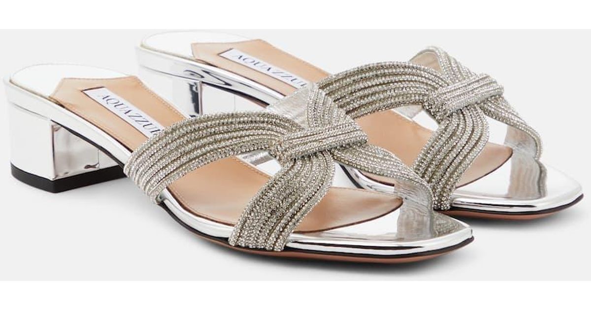 【Aquazzura】 Muse 35 embellishedサンダル AQUAZZURA Muse 35 crystal-embellished metallic leather mules