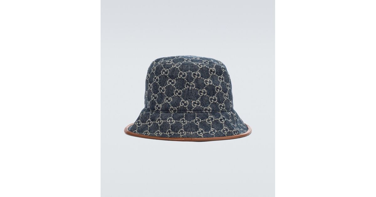 Gucci: Blue & Brown Canvas GG Bucket Hat