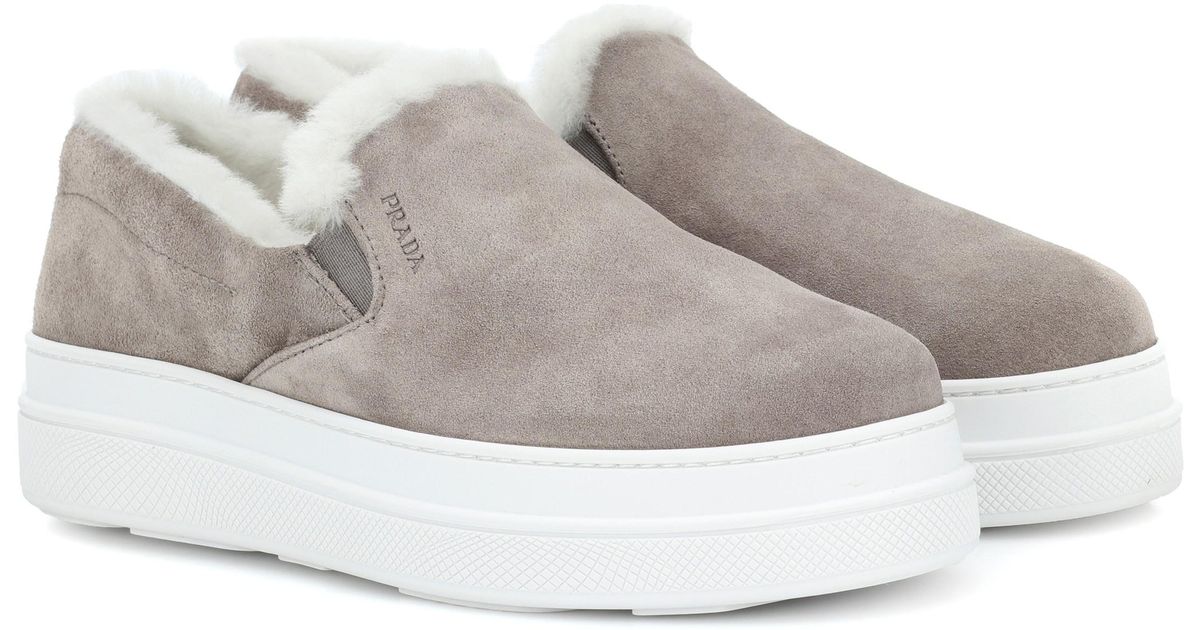 Prada Fur-lined Suede Sneakers in Gray 