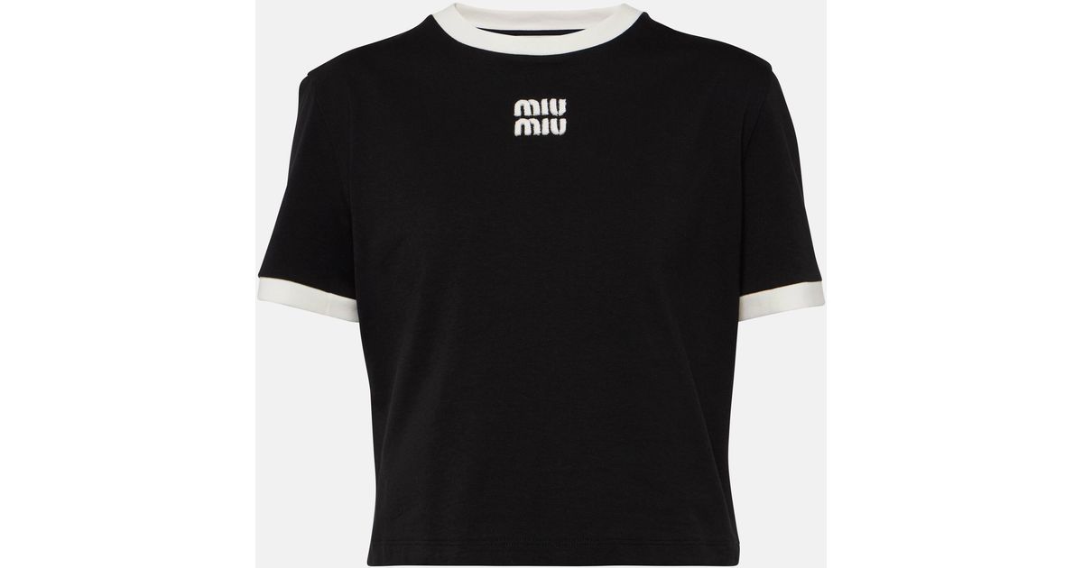 Miu Miu Logo Cotton Jersey T-shirt in Black | Lyst UK Miu Miu Logo Cotton Jersey T-shirt in Black | Lyst UK