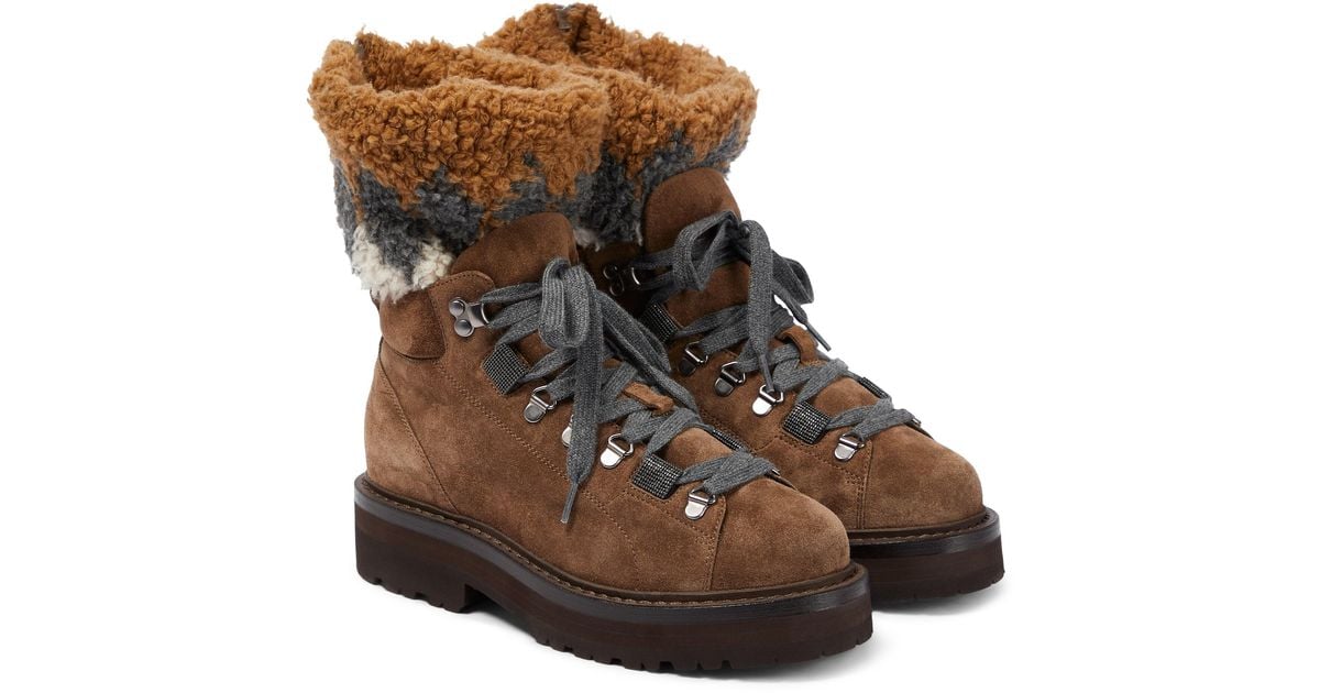 Brunello Cucinelli Suede Shearlingtrimmed Hiking Boots in Brown Lyst