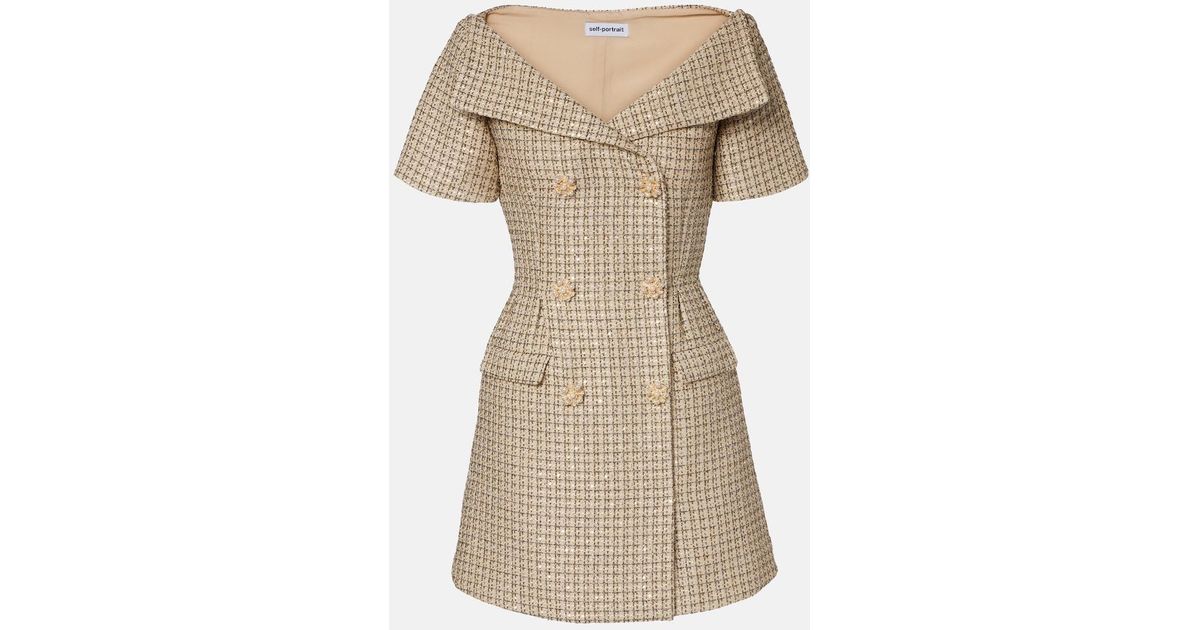 self portrait gold tinsel boucle mini dress Self-Portrait Off-Shoulder Minidress in Natural Kardel_0621