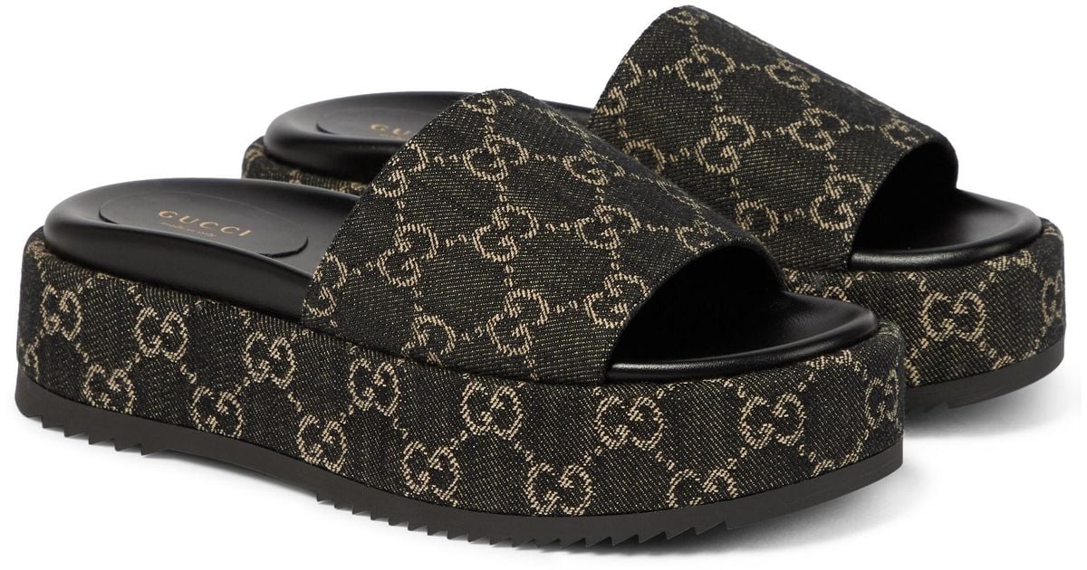 Gucci GG Jacquard Denim Platform Slides Lyst UK