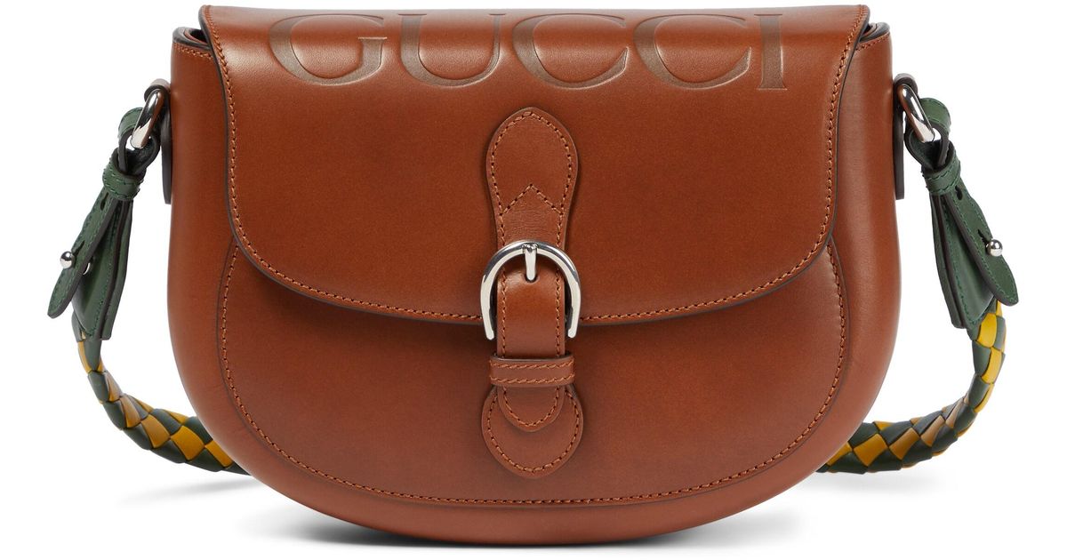 Gucci Logo Embossed Leather Crossbody Bag in Brown Lyst