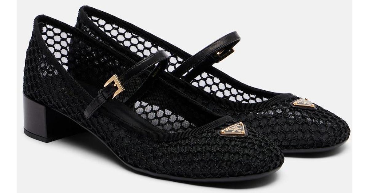 Prada Leather-Trimmed Mesh Mary Jane Pumps in Black | Lyst