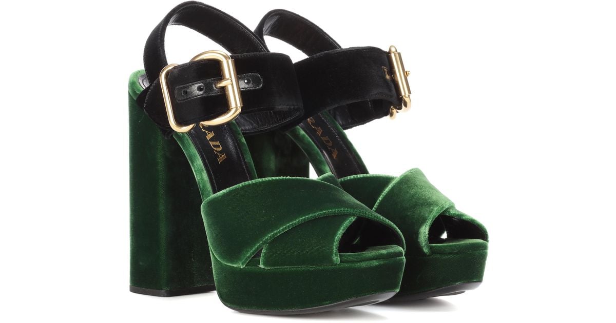 Prada Velvet Platform Sandals in Green 