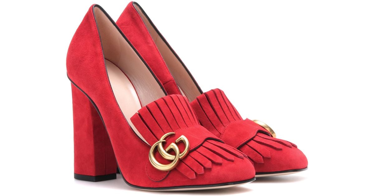 Gucci Suede Loafer Pumps in Red - Lyst