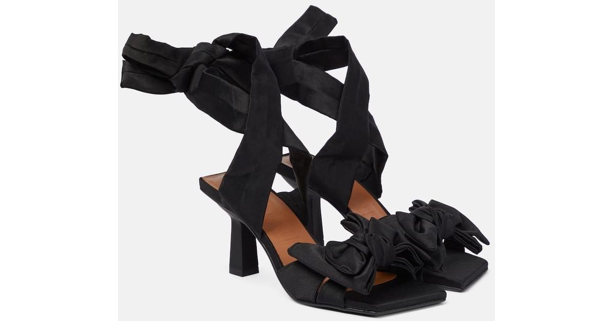 Ganni Bow-Trimmed Lace-Up Sandals in Black | Lyst