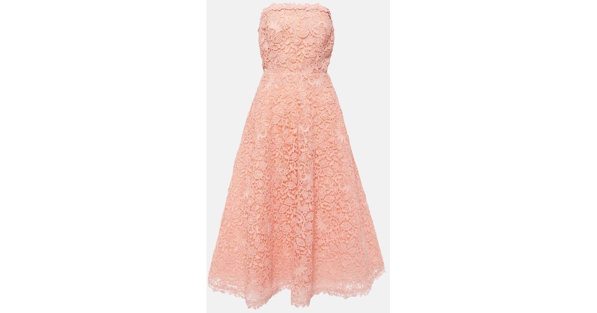 Carolina Herrera Strapless Guipure Lace Midi Dress in Pink | Lyst