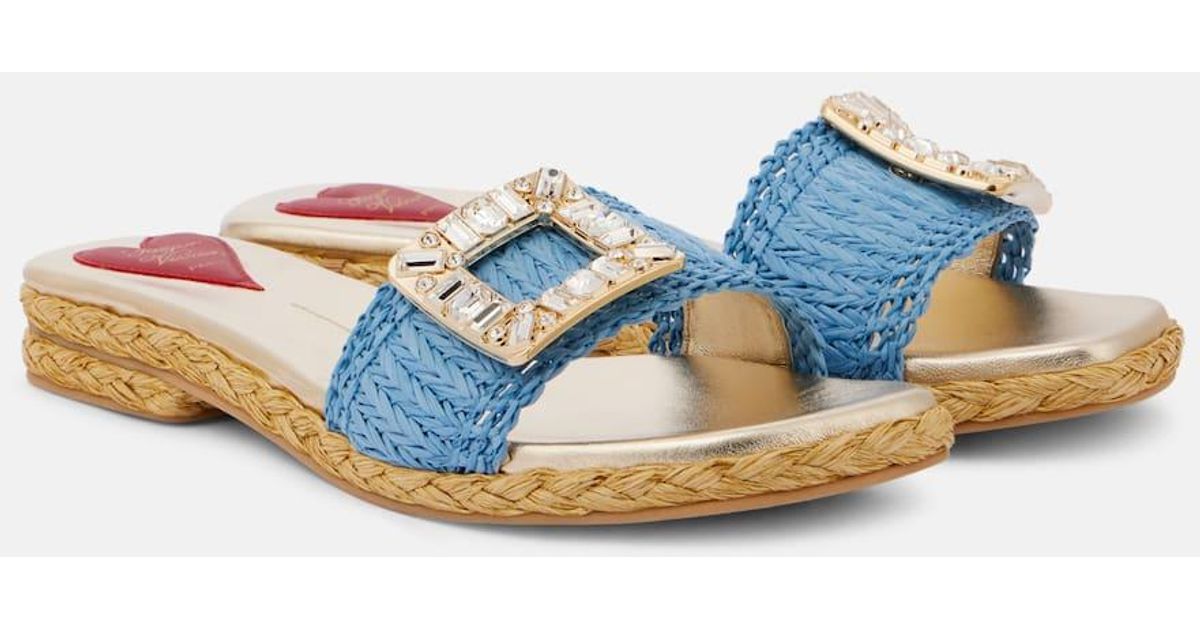 【Roger Vivier】 Espa embellished raffia slides Roger Vivier Espa Embellished Raffia Slides in Blue | Lyst