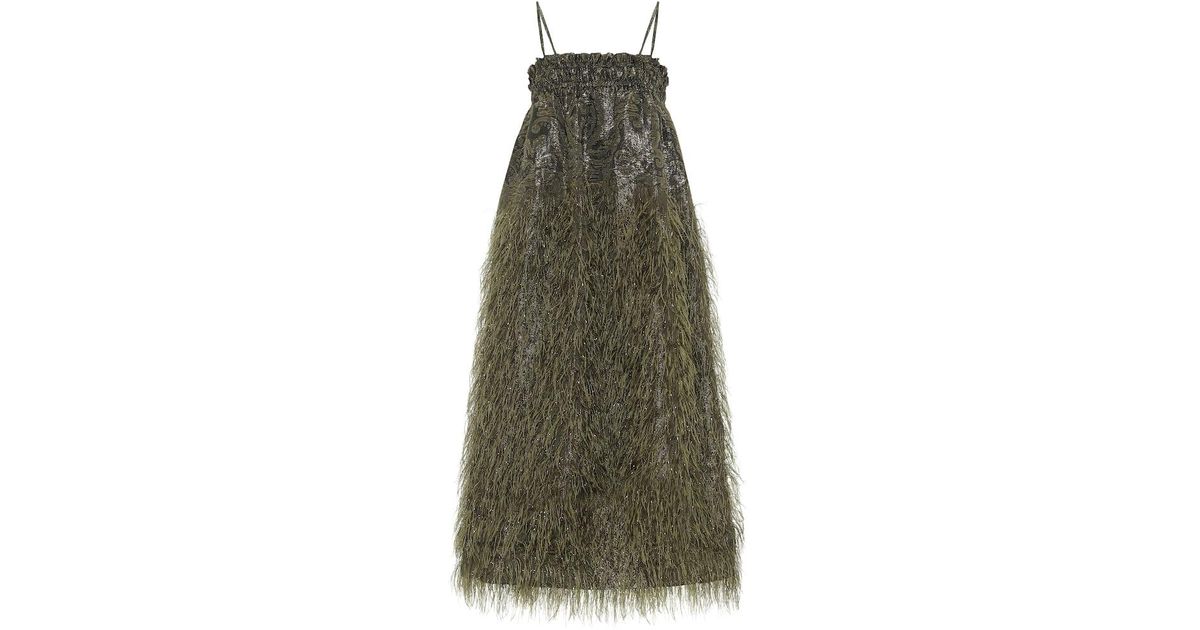 Ganni Faux-feather Embellished Brocade Dress in Green | Lyst