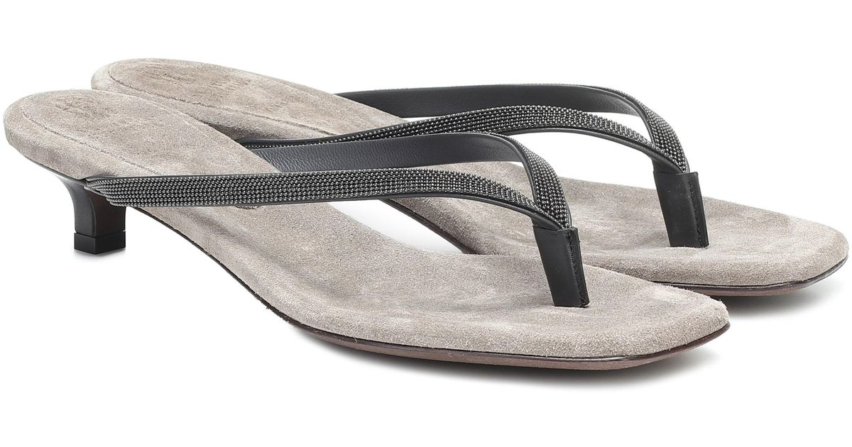 Brunello Cucinelli Embellished Leather Thong Sandals in Grey (Gray) - Lyst