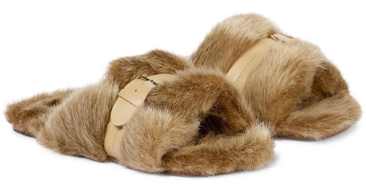 Robert Clergerie Irina Leather-trimmed Faux Fur Slides in Brown | Lyst