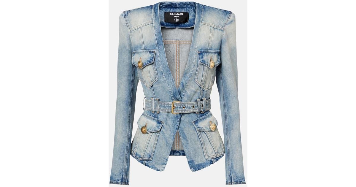 Balmain Belted Cotton Denim Jacket in Blue Lyst Australia