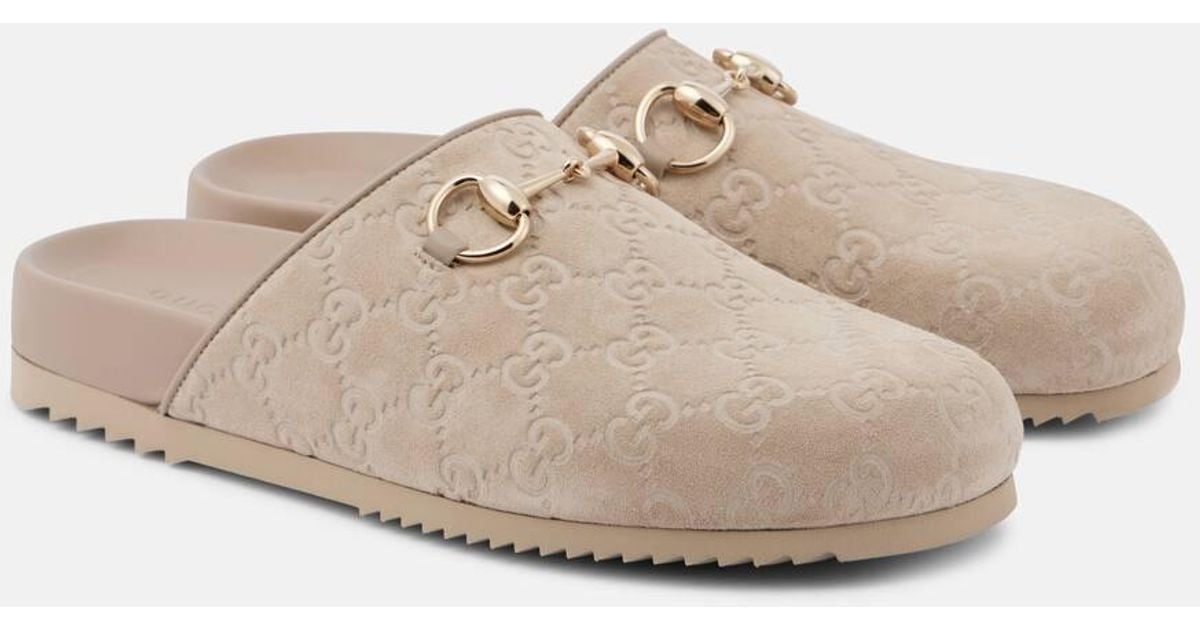 Gucci Gg Horsebit Suede Mules in Natural | Lyst
